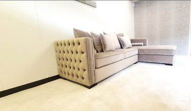 Moscow Luxury Mink Velvet Corner Settee Suite Sofa with Button Detailing & Scatter Cushions - UK Luxury Furniture